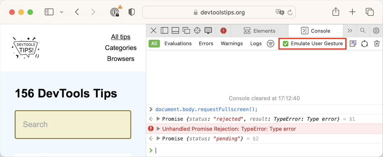 Safari WebInspector, showing the Console tool, and the user gesture checkbox