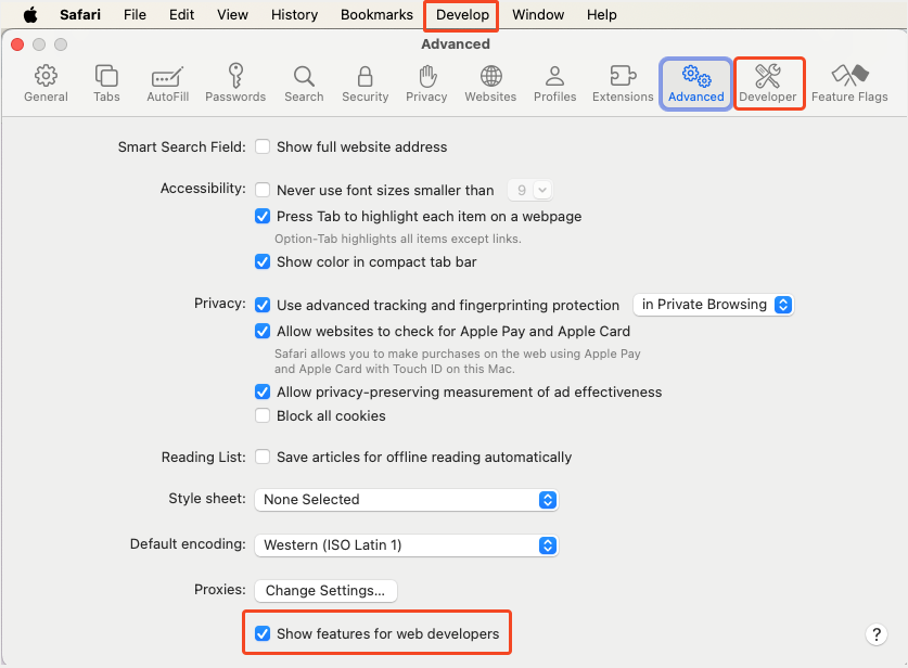 Safari's Preferences, the Advanced tab shows the Show Developer menu in menu bar option