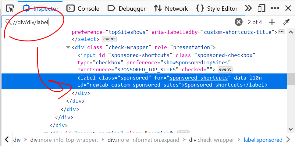 Screenshot of the Inspector panel in Firefox showing the search field with an XPath expression