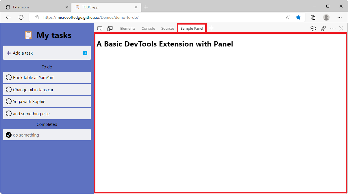 Microsoft Edge, with DevTools opened, showing a custom panel.
