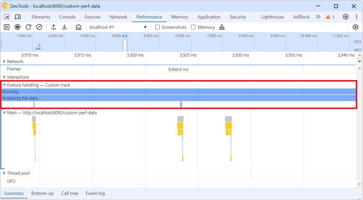 A trace displayed in the Performance tool of Chrome DevTools, showing a custom track called "Feature handling", and containing custom events.