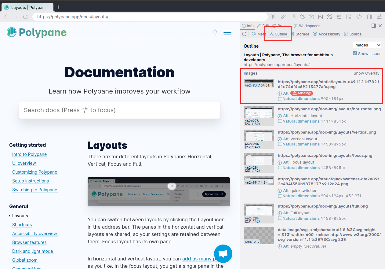 The outline panel in Polypane showing a 'missing' warning for an image.