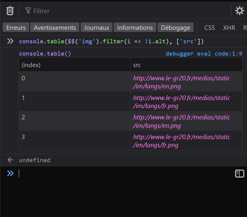 The output of the console.table command from above shown in the Firefox DevTools console.
