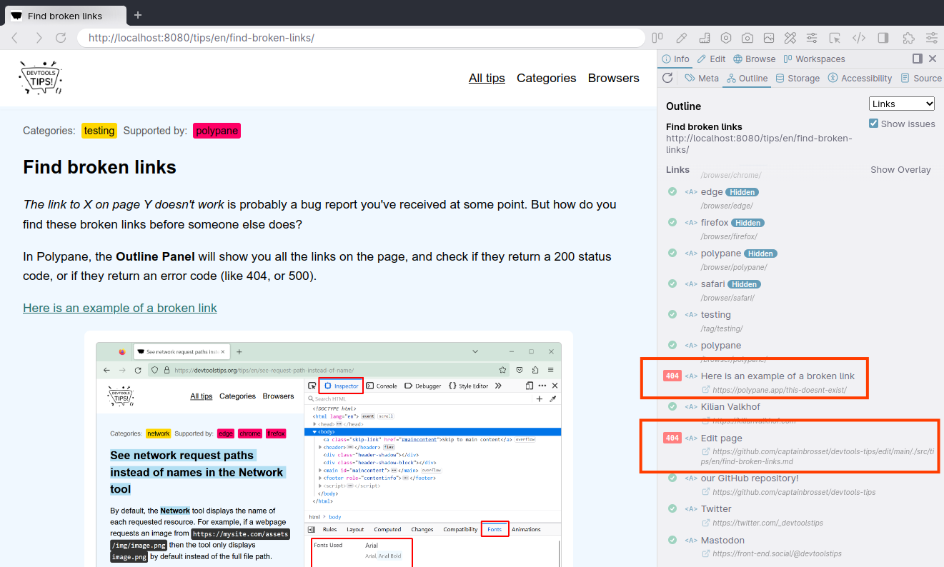 Polypane, with the outline panel open. Two of the links show a 404 error code