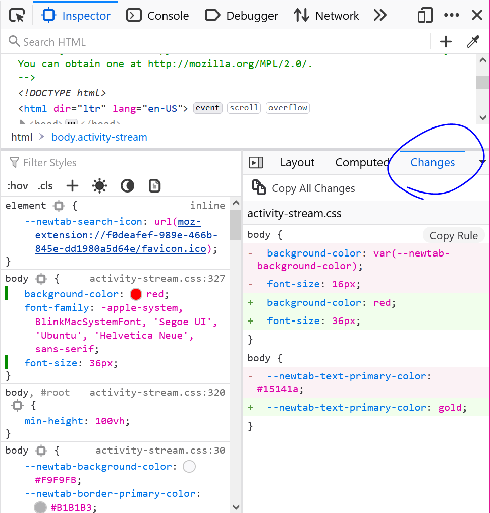 Screenshot of the Changes panel in Firefox showing a diff-like view of all the CSS changes