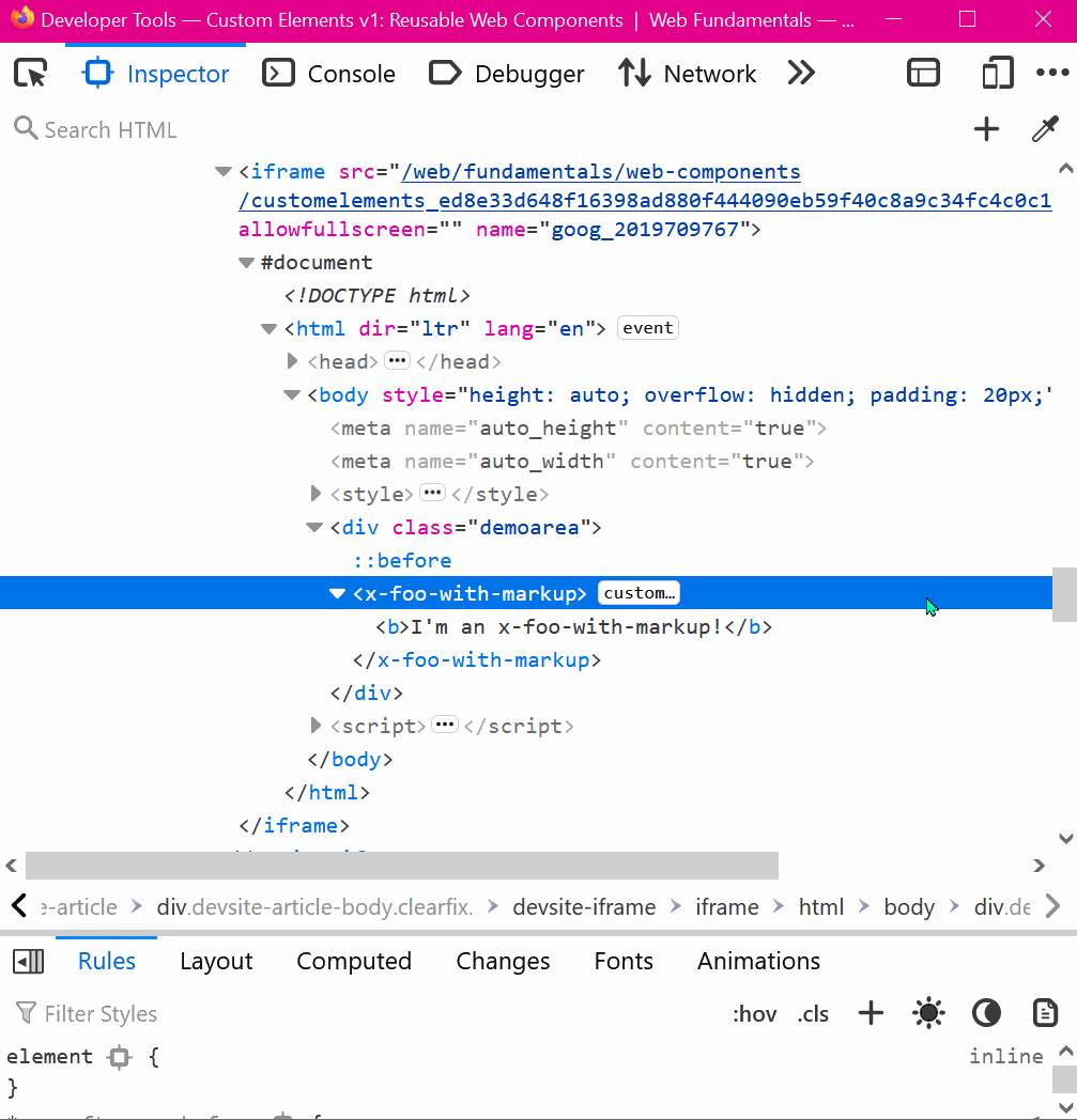 Animation showing the custom button in Firefox's inspector and that clicking on it goes to the debugger.