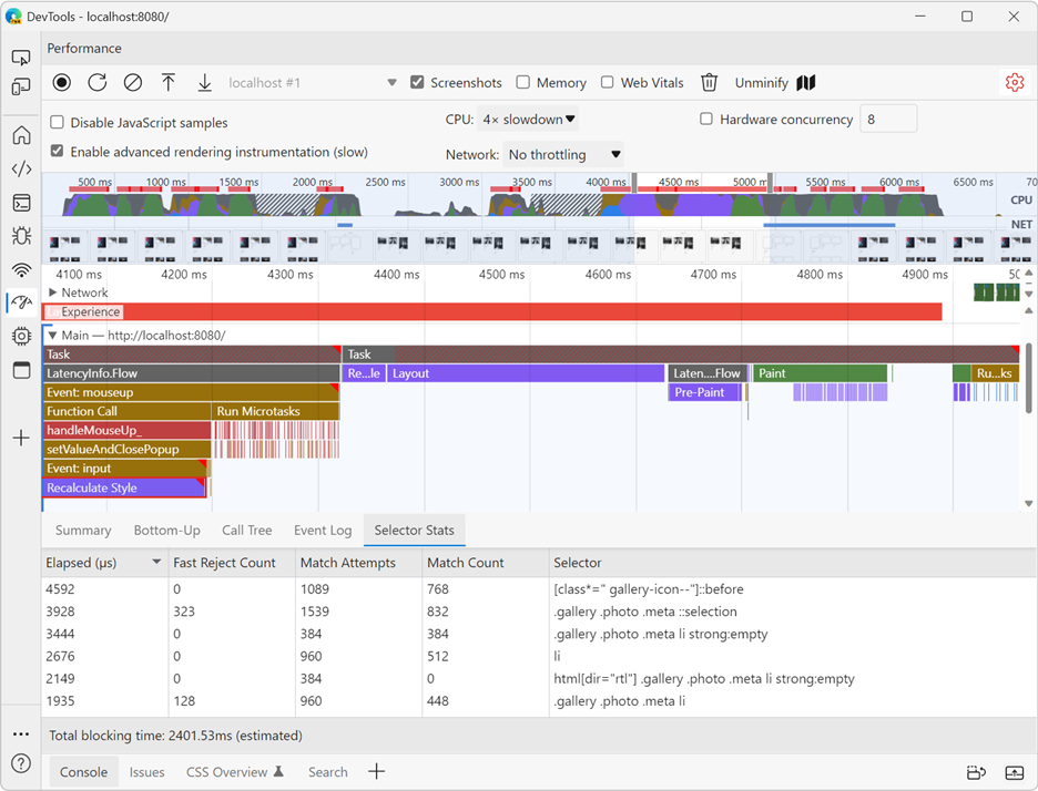 The Edge DevTools Performance tool, showing a recorded profile with a selected Recalculate Style block, and the Selector Stats table below it.
