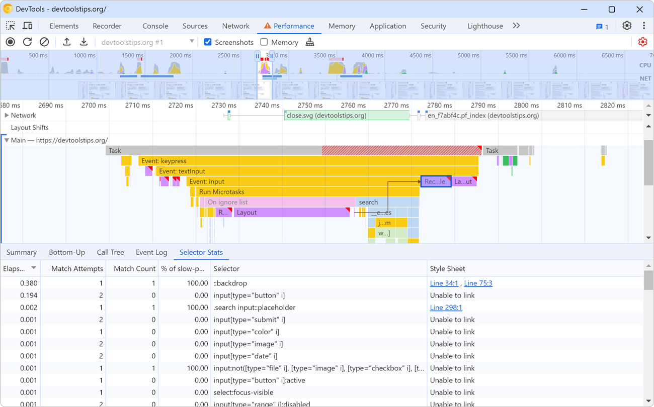 The Performance tool in Chrome showing a recorded profile with a selected Recalculate Style block, and the Selector Stats table below it.