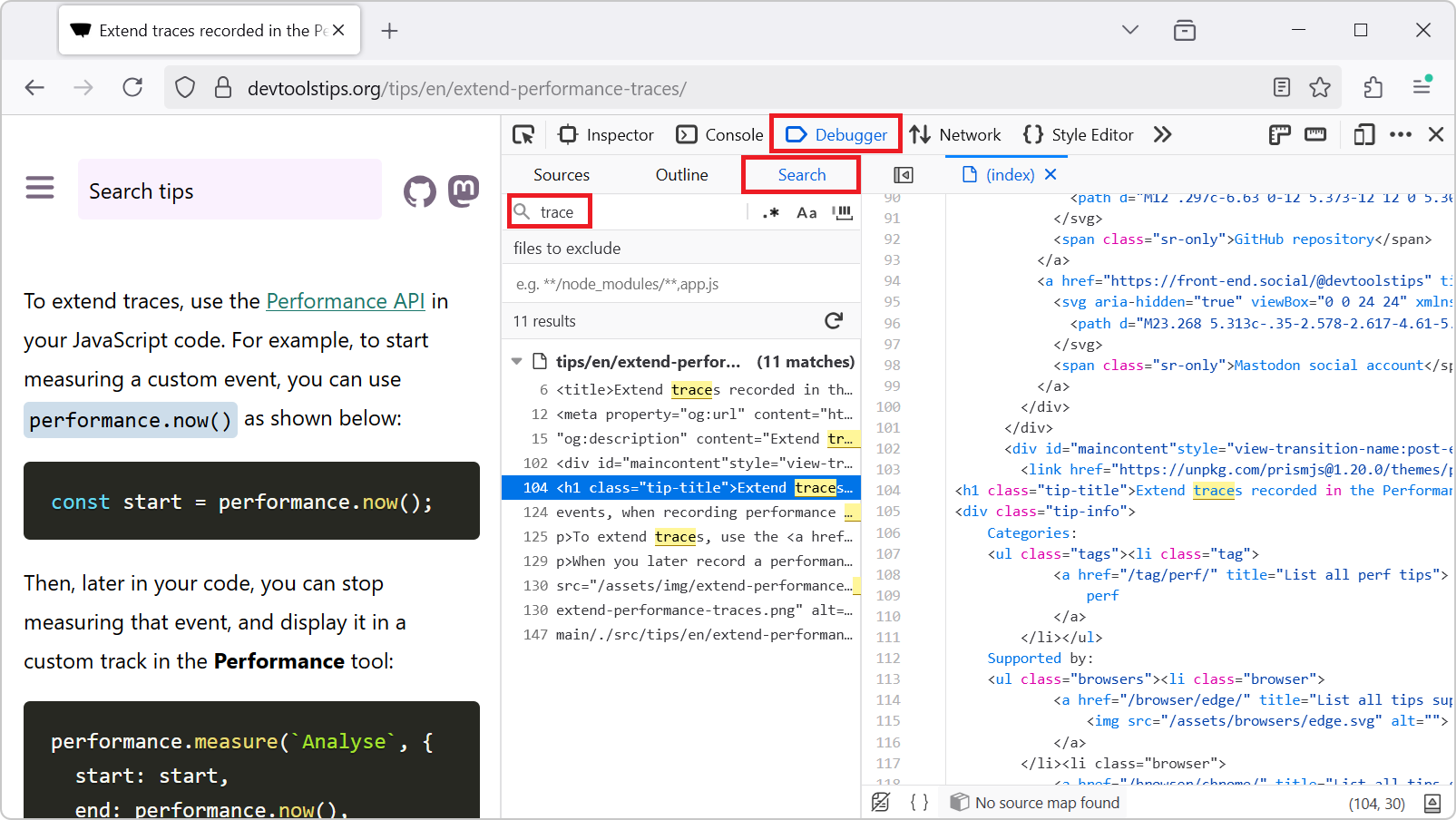 The Debugger tool in Firefox, showing the Search sidebar panel. A search for the word "trace" was done, and a list of matches appear in the panel.