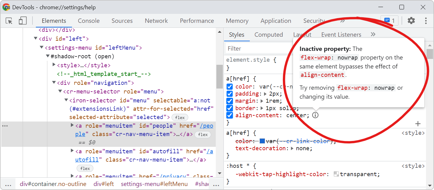 Part of the Styles panel in Chrome, showing a greyed out align-content property, with a tooltip saying that the property is inactive because the selected flex container is not set to wrap.