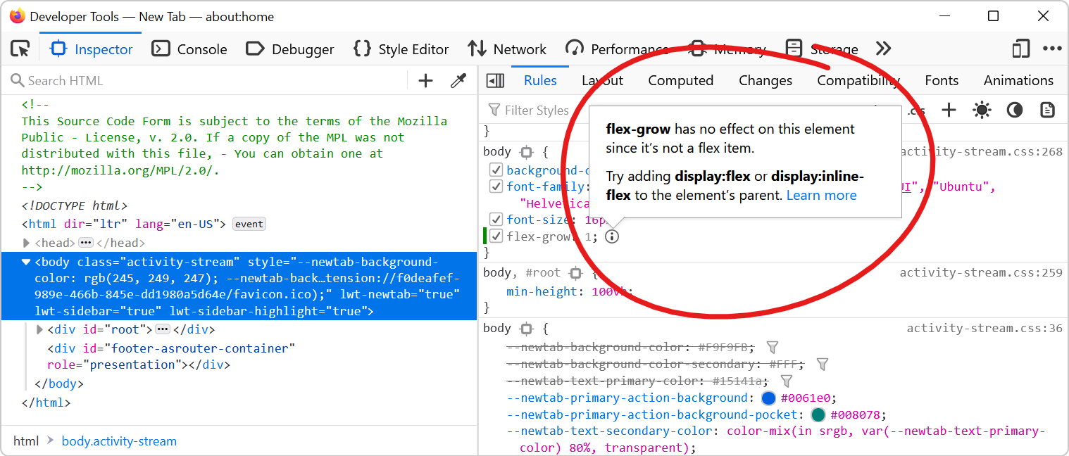 Part of the Rules panel in Firefox, showing a greyed out flex-grow property, with a tooltip saying that the property is inactive because the selected element is not a flex item.