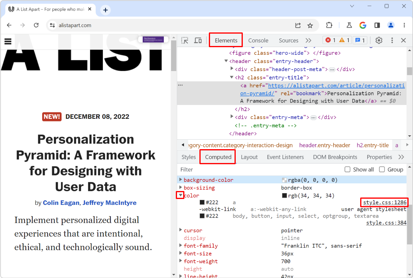 The Elements tool in Chrome, showing the Computed tab. The expander icon next to the CSS property has been clicked, revealing the stylesheet location where this style comes from