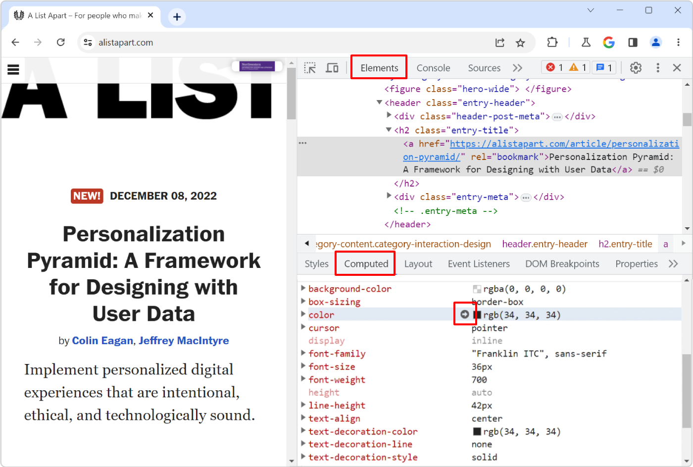 The Elements tool in Chrome, showing the Computed tab. The hovered property has an arrow icon next to it that can be clicked to go to the corresponding place in the Styles panel.