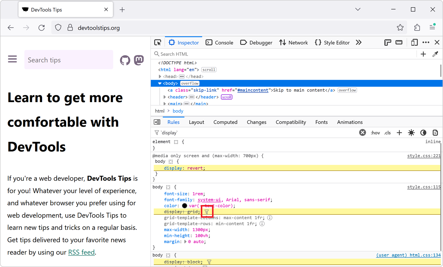 <FontIcon icon="fa-brands fa-firefox-browser"/>Firefox DevTools, showing the Inspector tool and the Rules panel. The filter icon was clicked next to the display property, and the other display properties from other rules are highlighted.