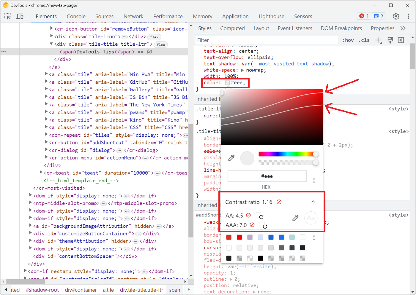 The chrome color picker, showing the contrast lines and new color suggestions