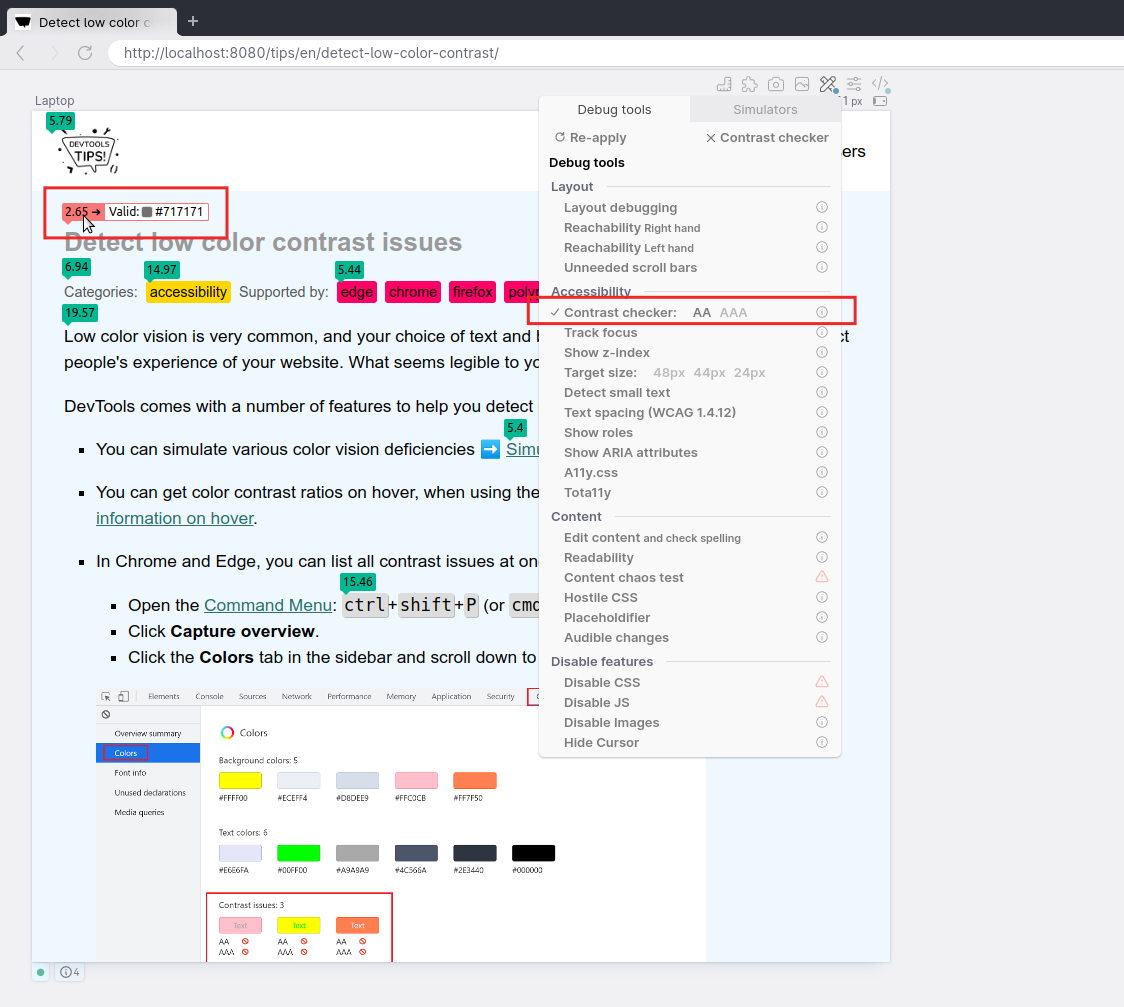 A Polypane Pane with the Contrast checker debug tool active.