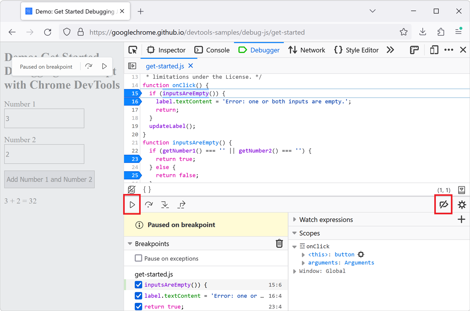The Debugger tool in Firefox, showing the Deactive breakpoints button