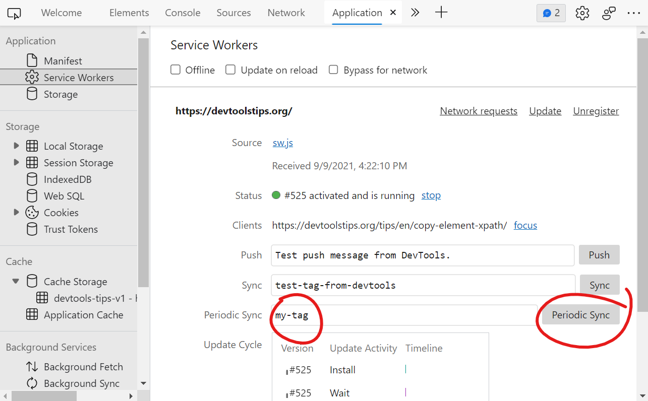 The Application panel in Edge showing the periodic sync input and buttons.