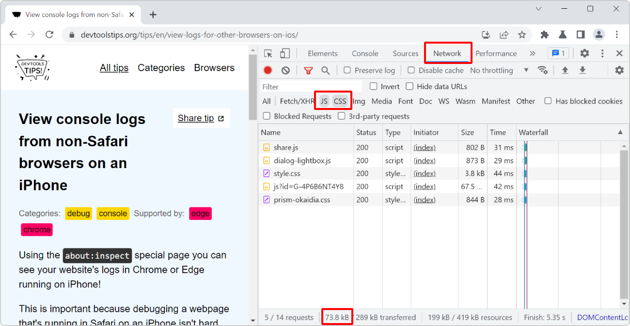 The Network tool in Chrome, with the transferred size highlighted