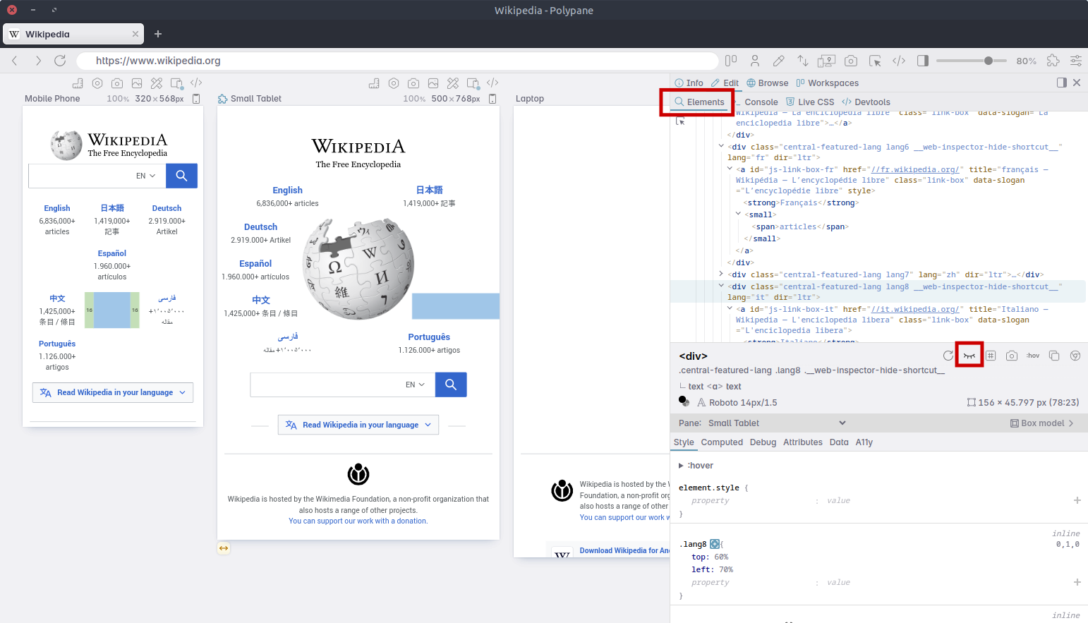 Polypane with the Elements panel opened, showing how Clicking the eye icon hides elements from the page