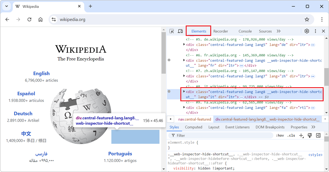 Chrome with DevTools opened, showing how pressing H hides elements from the page