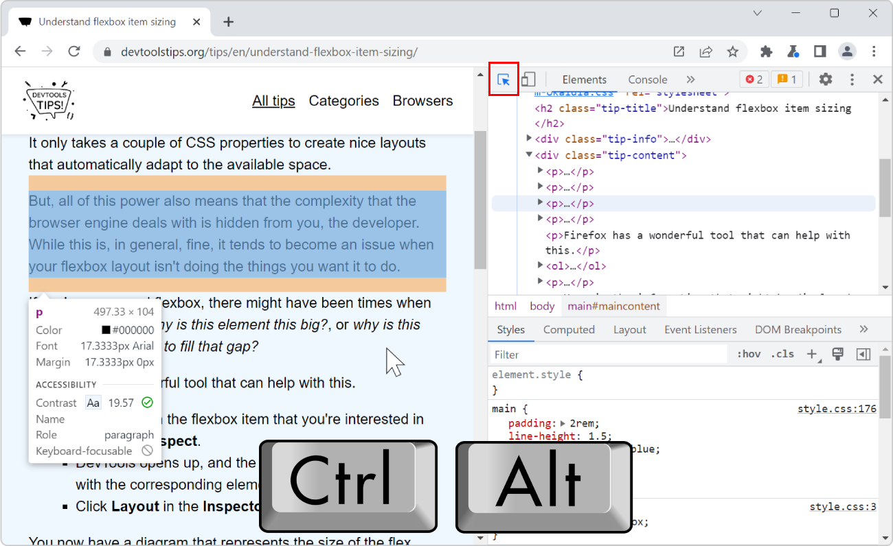 Chrome, with a webpage and DevTools opened to the side. The inspect mode is on, the mouse is hovering an element in the webpage, but another one is highlighted and has the info tooltip.