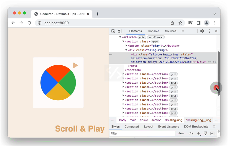 GIF of Chrome devtools showing how to inspect and modify CSS animations using the Animation inspector