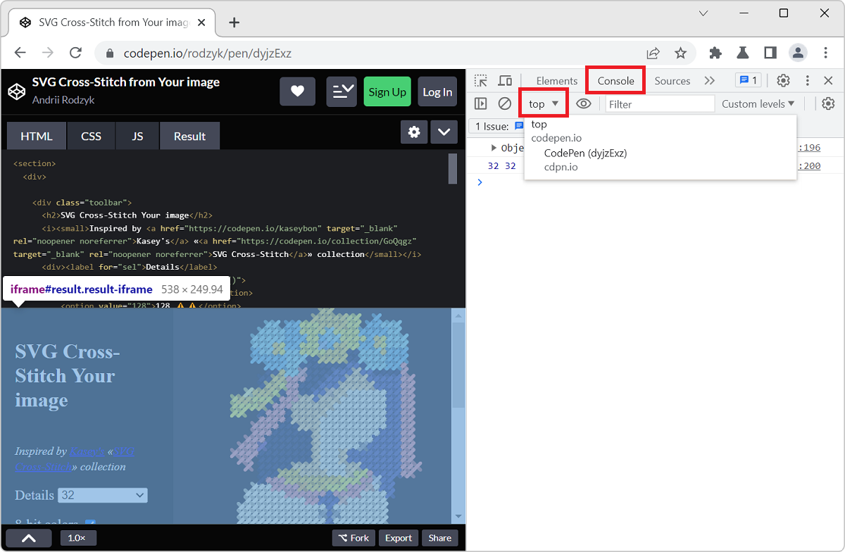 Chrome, with the Console in DevTools, opened on the side, showing the JS context selector button