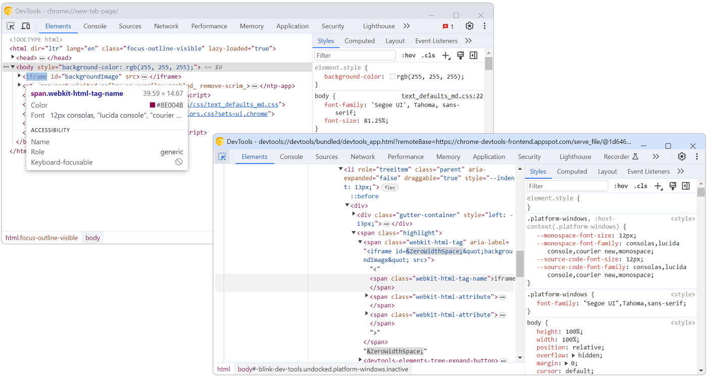 Two Chrome DevTools windows, the first one inspects a webpage, the second one inspects the first one
