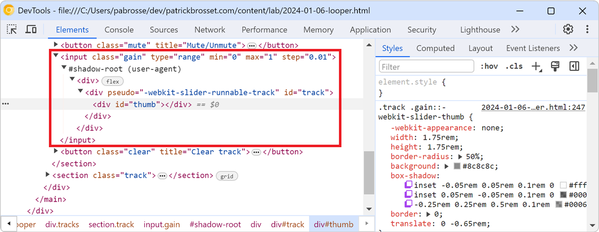 The Elements tool in Chrome, an input type=range is expanded, showing it's internal user-agent shadow dom