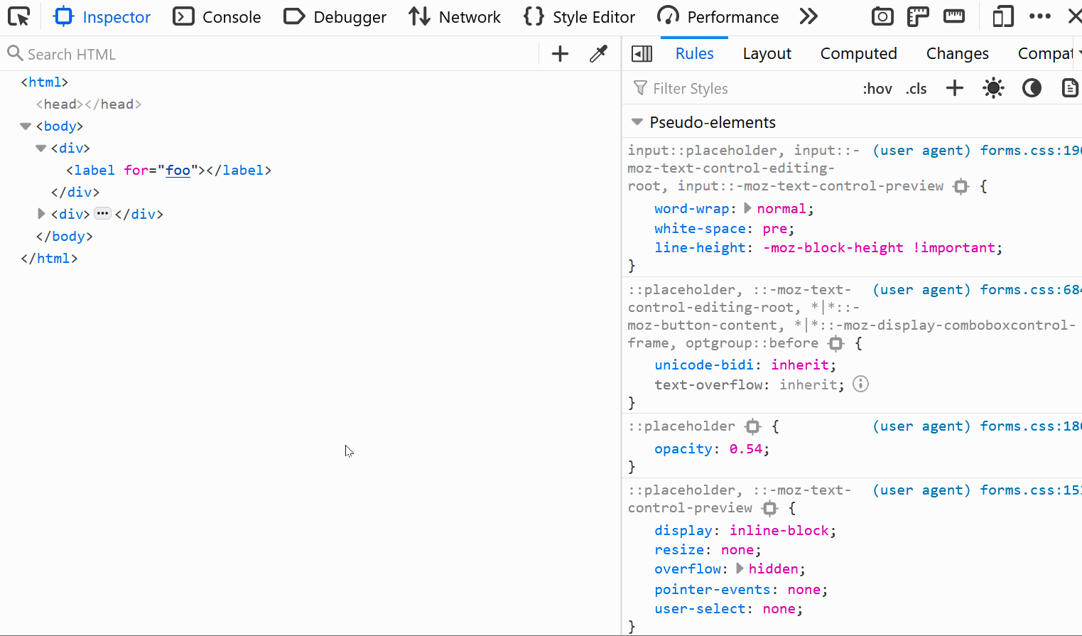 Animation showing the Firefox DevTools Inspector panel, the mouse clicks the for attribute of a label element and the selection jumps to the related input element.