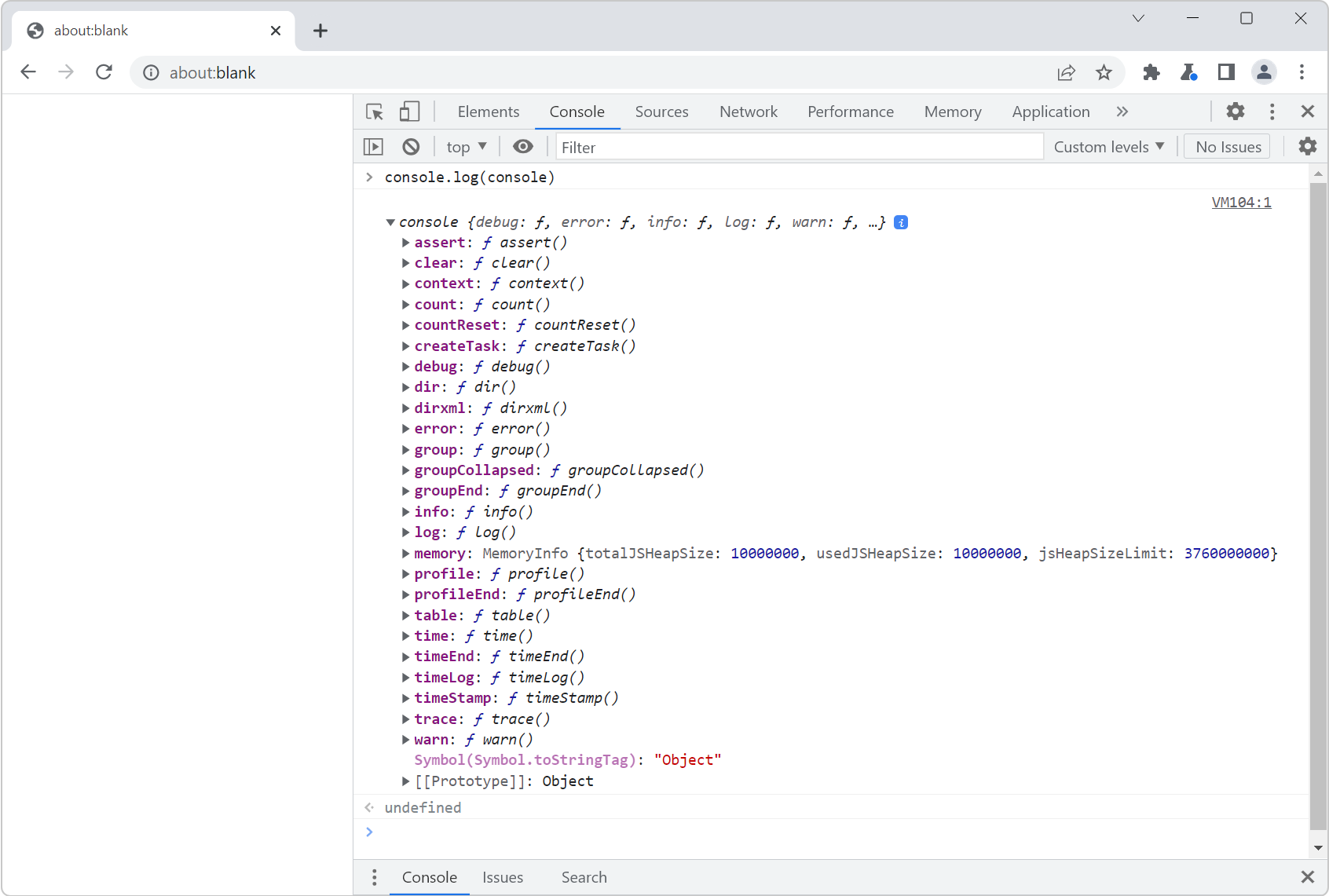 Chrome, with the Console panel opened on the side in DevTools, showing the  command result, which is an object containing a list of functions such as assert, clear, debug.