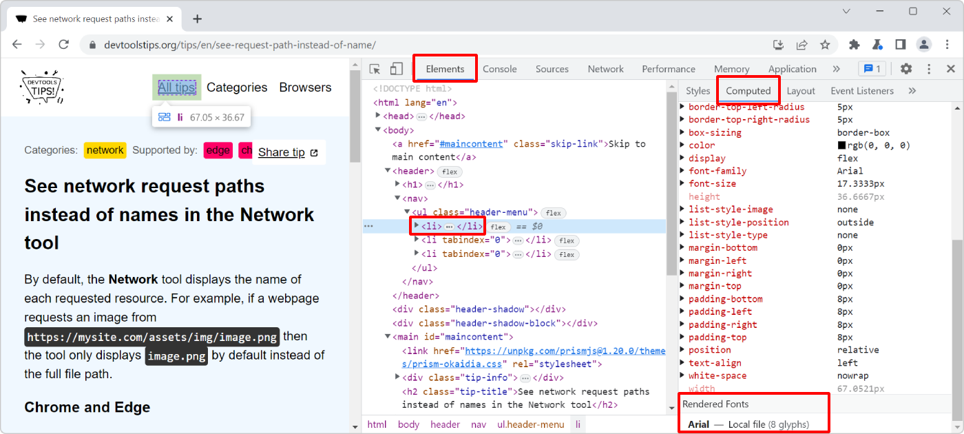 Chrome, with Devtools on the side, showing the Computed panel that contains the list of fonts