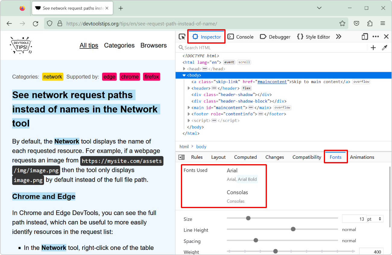 Identify fonts in Chrome, Edge and Firefox using Developer Tools