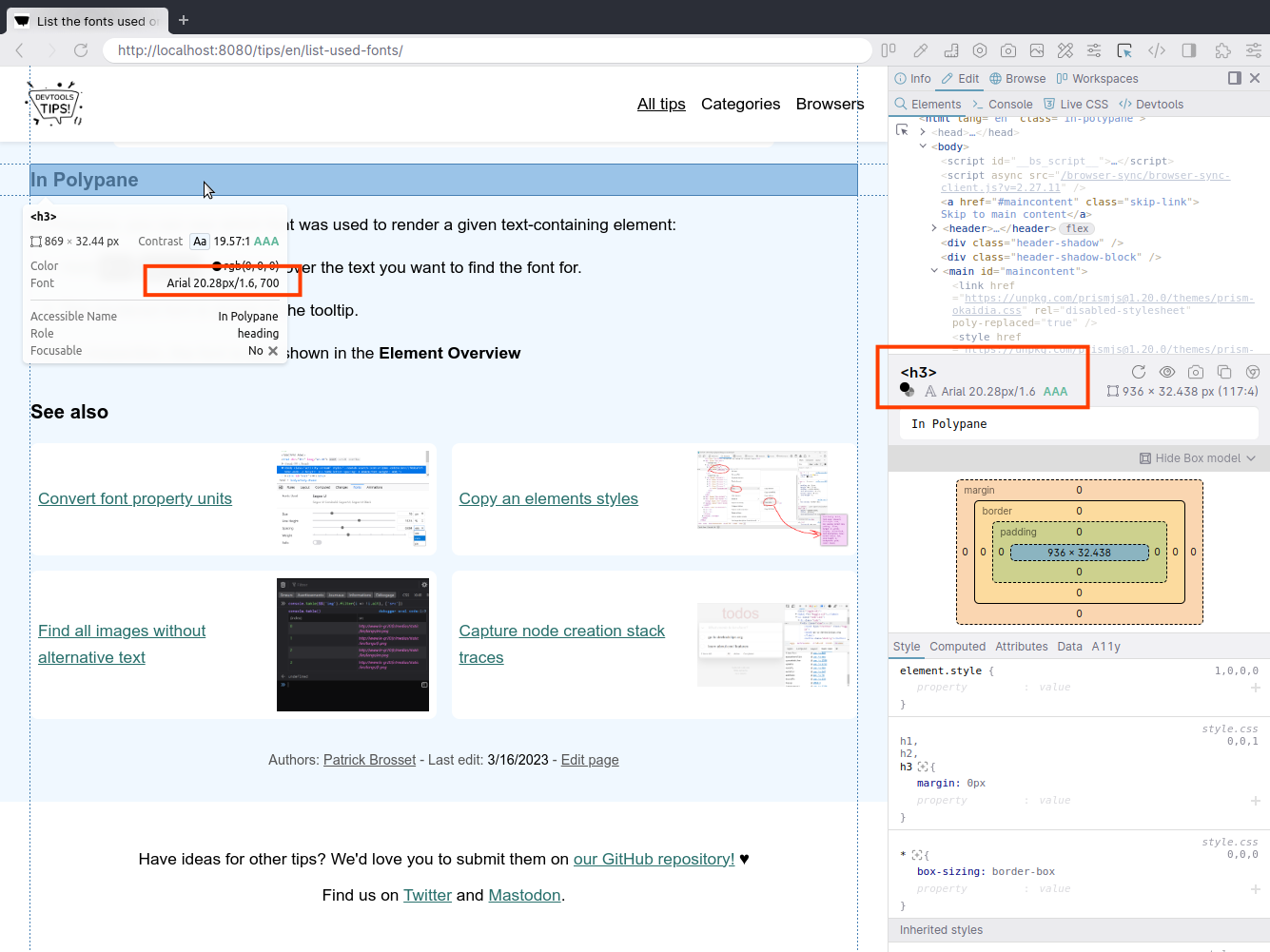 Polypane, with Devtools on the side, showing the Element Overview panel that contains the list of fonts and a node tooltip.