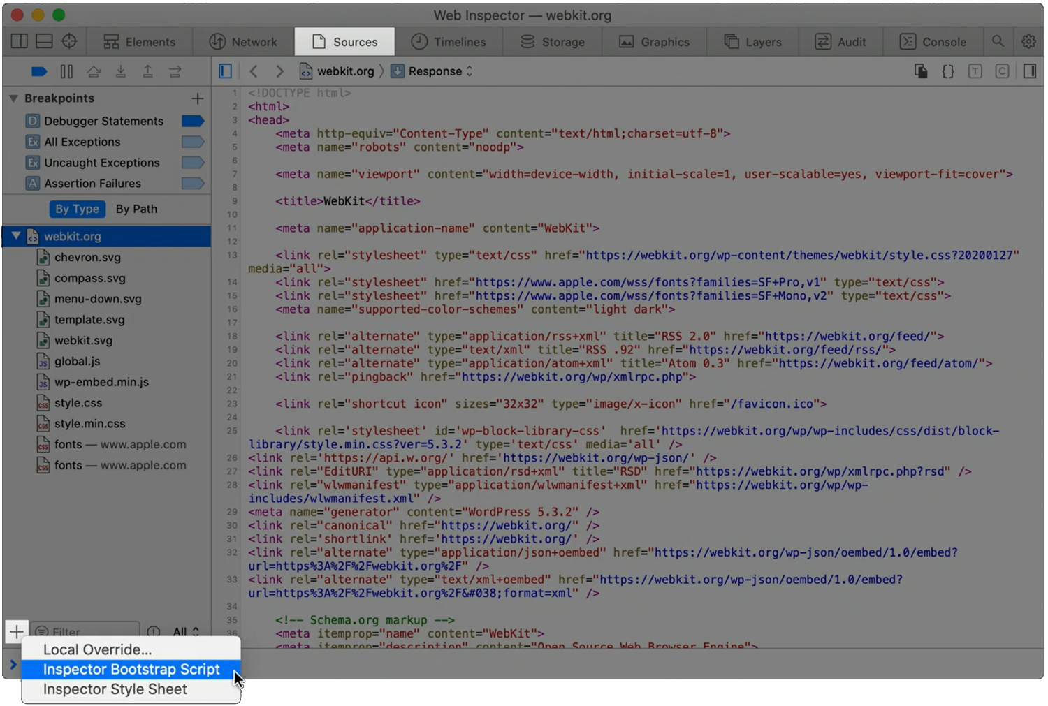 The Sources tab in Safari's WebInspector, showing the Add resource button and the Bootstrap script type