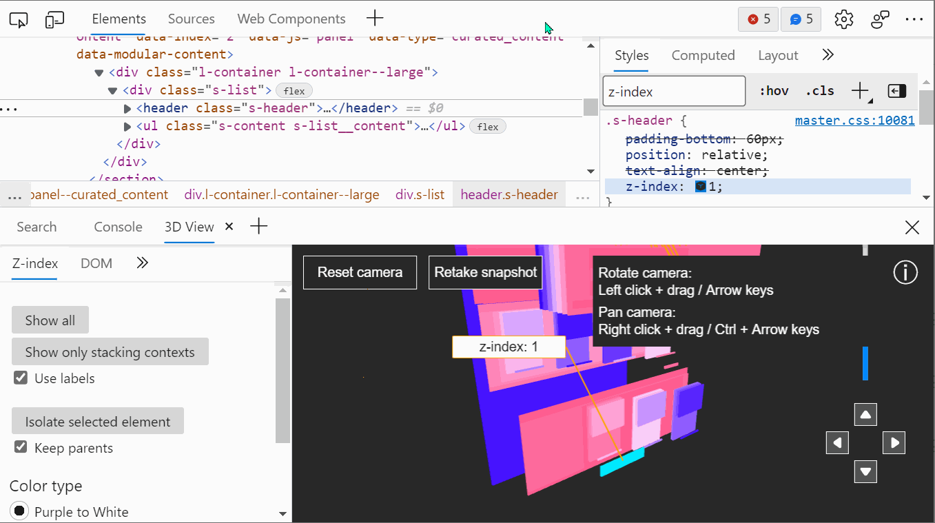 Animation in Edge DevTools showing the move to top/bottom menus.