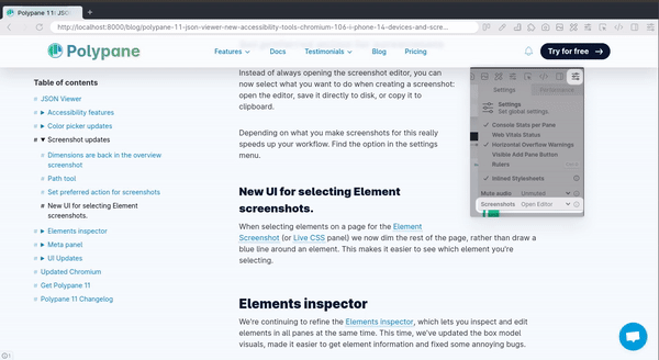 Animation showing taking a node screenshot in Polypane.