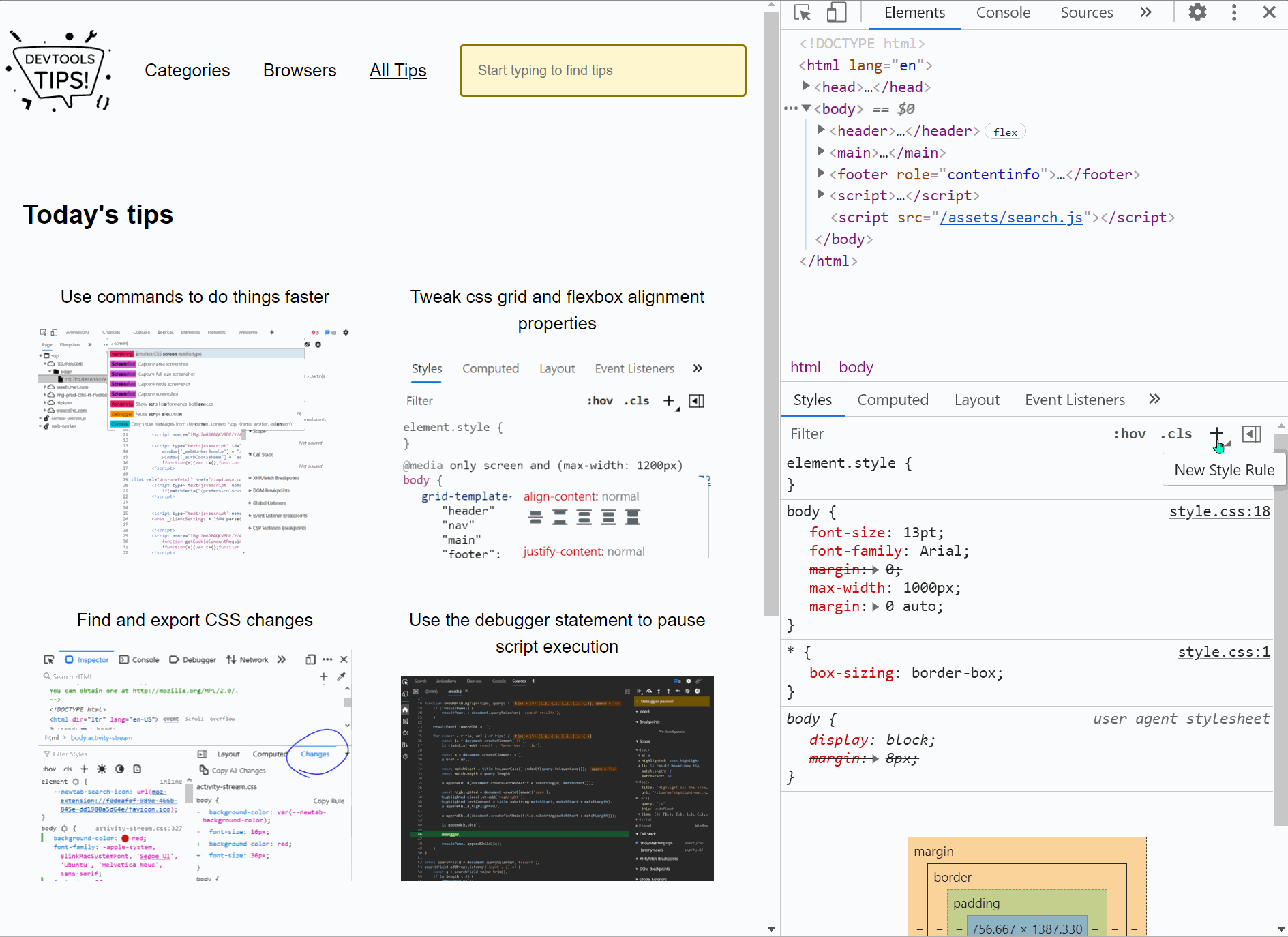 Animation showing how adding the rule in the styles pane if Chrome DevTools outlines all elements in the page.