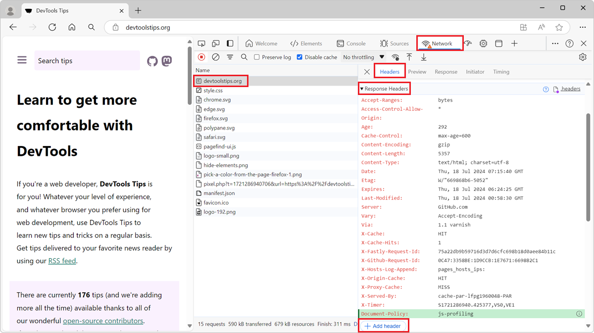 Edge DevTools Network tool, the initial HTML request is selected, the Response Headers section is visible in the sidebar, showing the Add header button, and the new header.