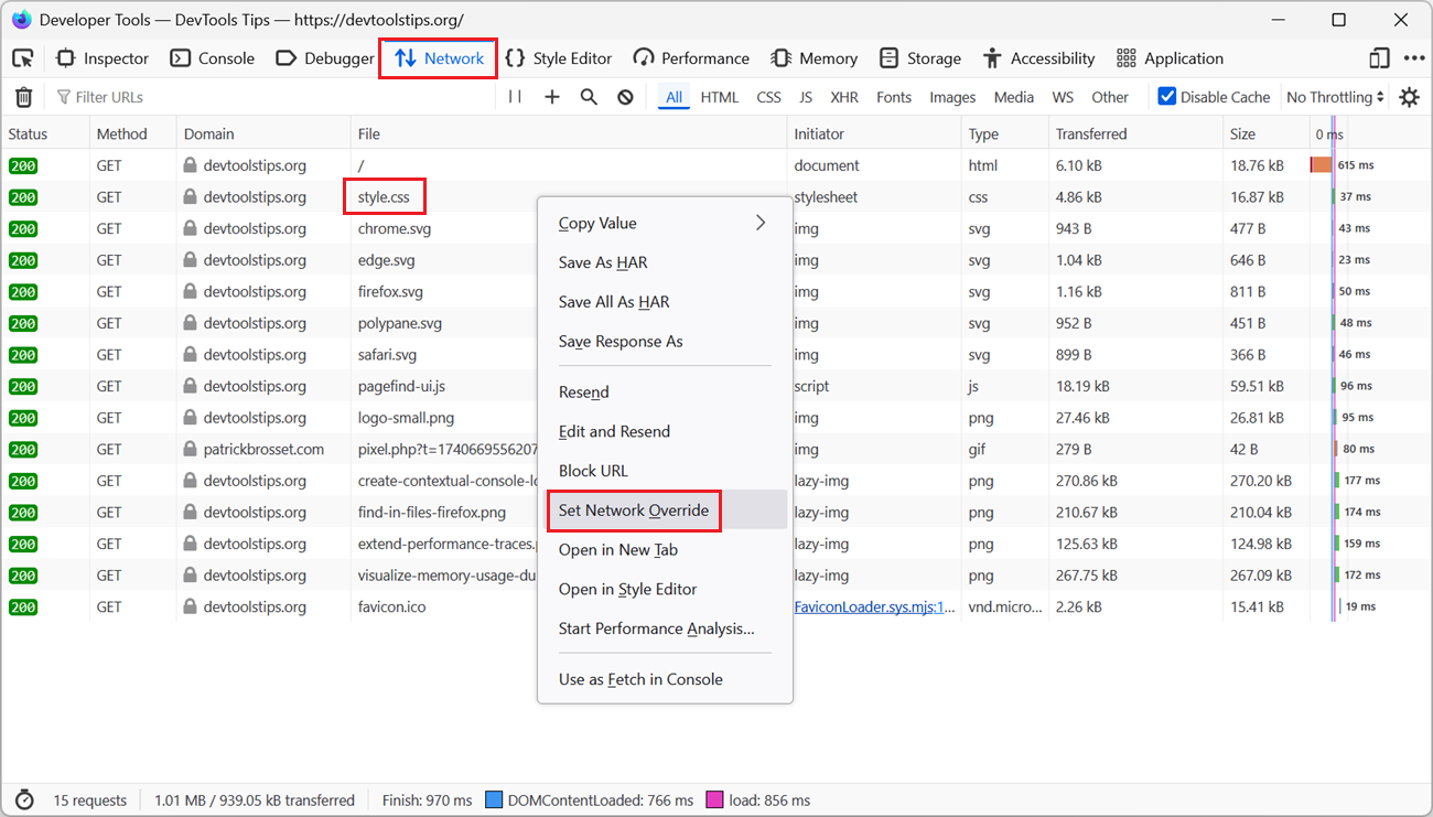 The Network tool in Firefox DevTools. A request was right-clicked, the contextual menu is visible, and the Set Network Override menu item is highlighted.