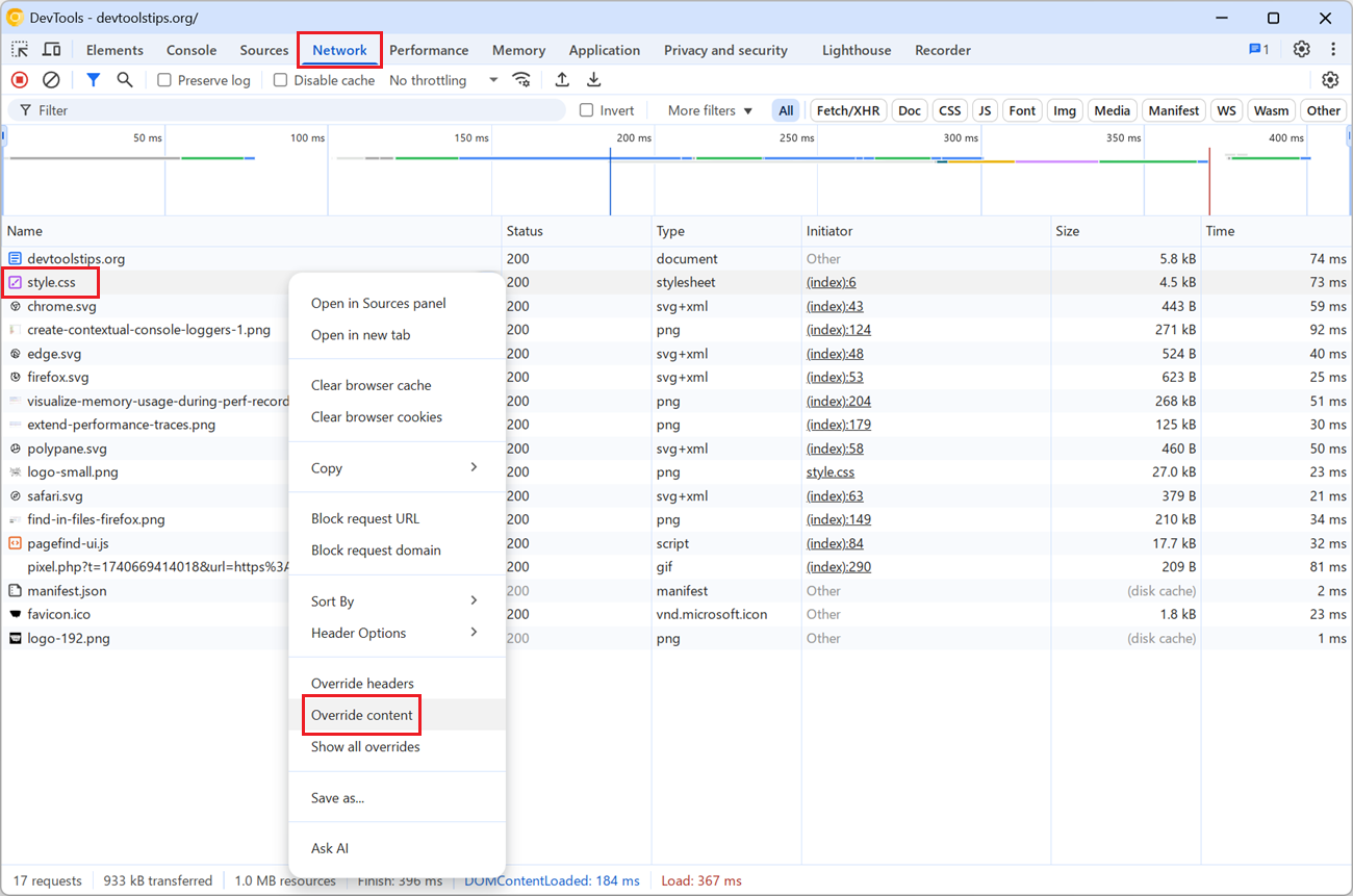 The Network tool in Chrome DevTools. A request was right-clicked, the contextual menu is visible, and the Override content menu item is highlighted.