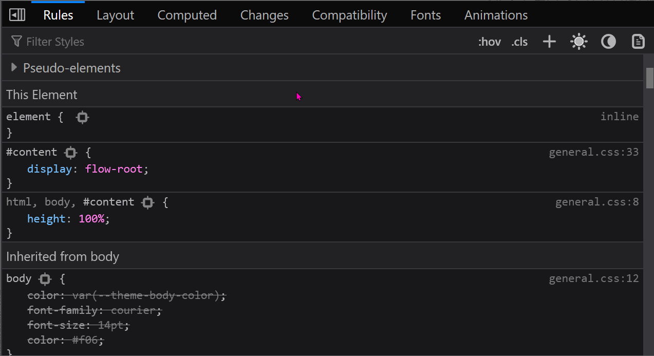 Animation showing how pasting several declarations in a CSS rule in DevTools creates them all.