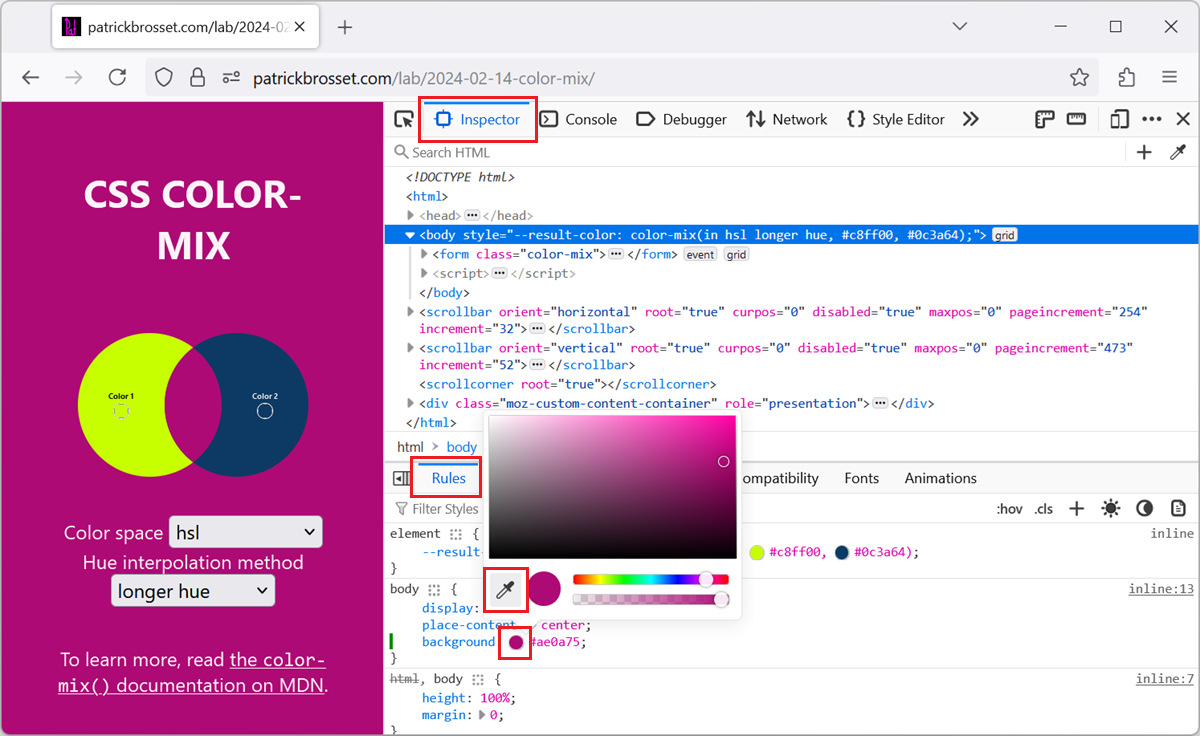 The Color Picker in the Rules tab of Firefox DevTools, showing the Eye Dropper icon to change a color value in the CSS code
