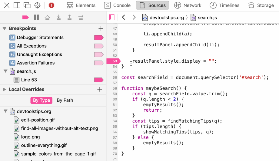 Animation showing how to add the audio breakpoint in Safari Web Inspector.