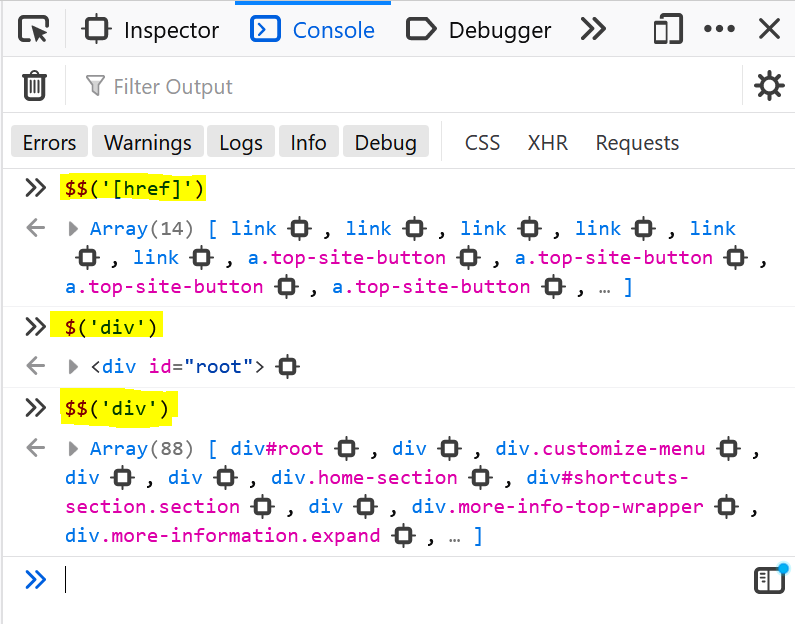 Firefox's console panel, showing 3 different examples of using the $ and $$ built-in console functions.