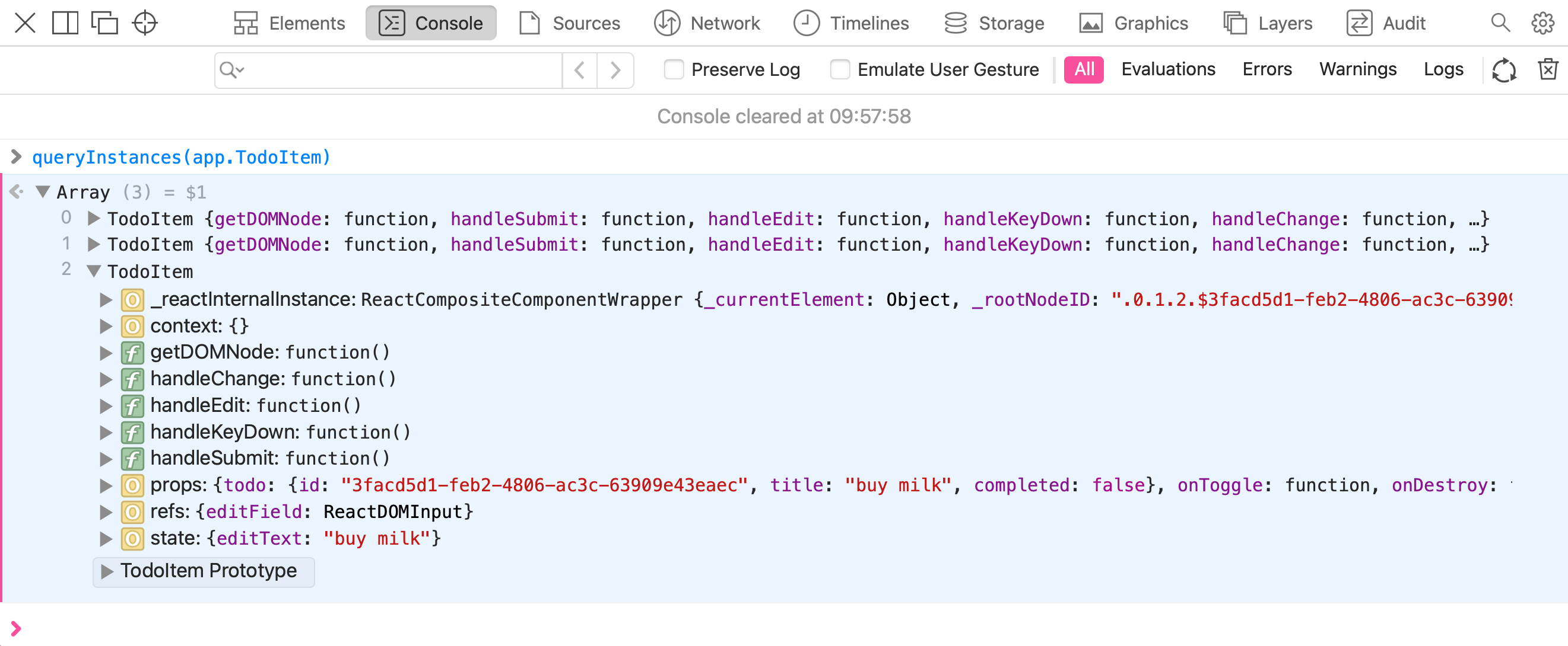 The console in Safari, showing the result of queryInstances(app.TodoItem).