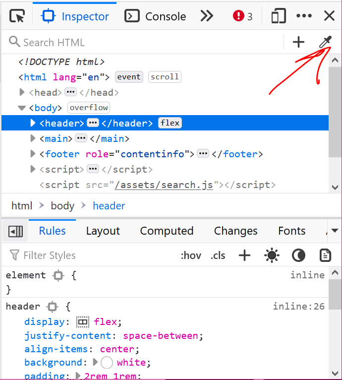 Screenshot of the eyedropper button in Firefox's inspector panel
