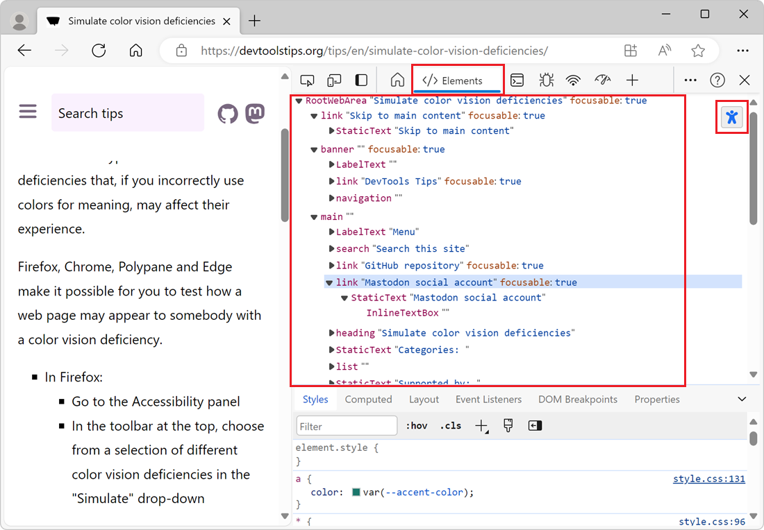 The Elements tool in Edge, showing the accessibility tree where the DOM tree normally is