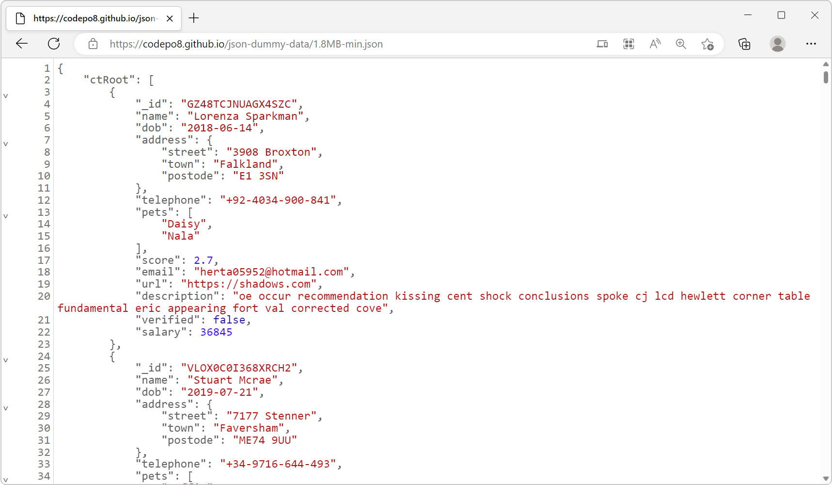 The JSON viewer in Microsoft Edge.